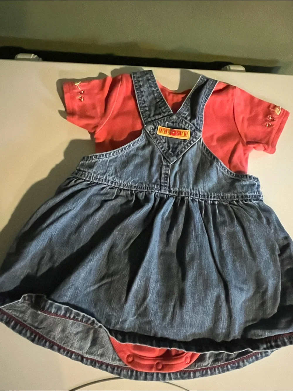 Denim Floral Embroidered Overall Dress with Coral Bodysuit - Carters kids